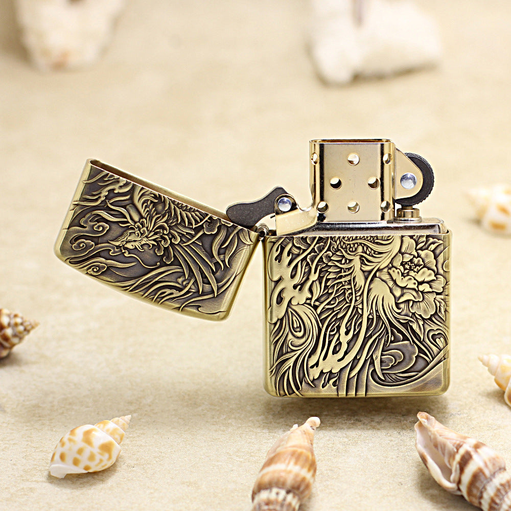 Zippo Antique Brass Full Engraved Phoenix and Peony Relief - CC113