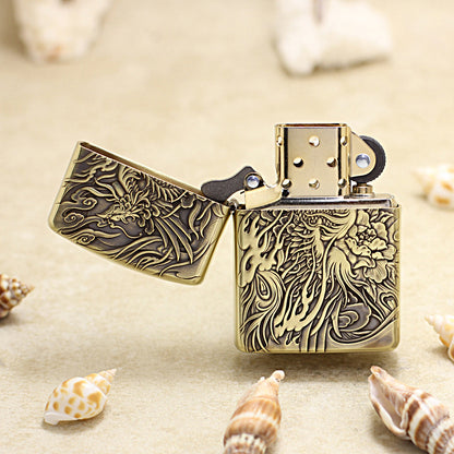 Zippo Antique Brass Full Engraved Phoenix and Peony Relief - CC113