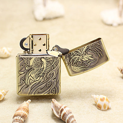 Zippo Antique Brass Full Engraved Phoenix and Peony Relief - CC113