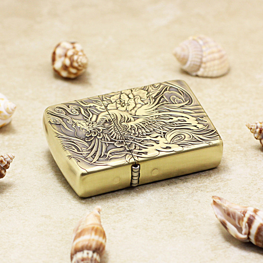 Zippo Antique Brass Full Engraved Phoenix and Peony Relief - CC113