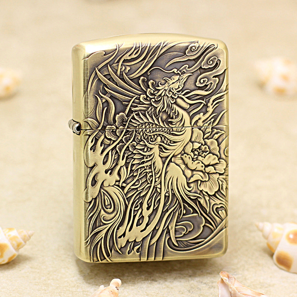 Zippo Antique Brass Full Engraved Phoenix and Peony Relief - CC113