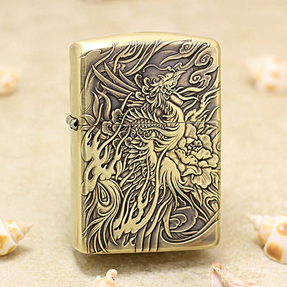 Zippo Antique Brass Full Engraved Phoenix and Peony Relief - CC113