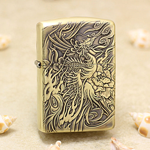 Zippo Antique Brass Full Engraved Phoenix and Peony Relief - CC113
