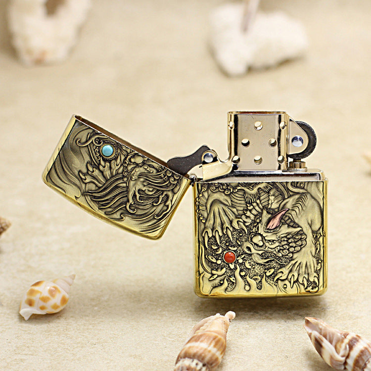 Zippo Antique Brass Full Engraved Pixiu Double Gemstone - CC112