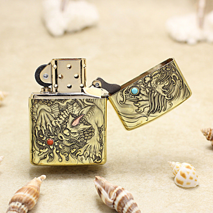 Zippo Antique Brass Full Engraved Pixiu Double Gemstone - CC112