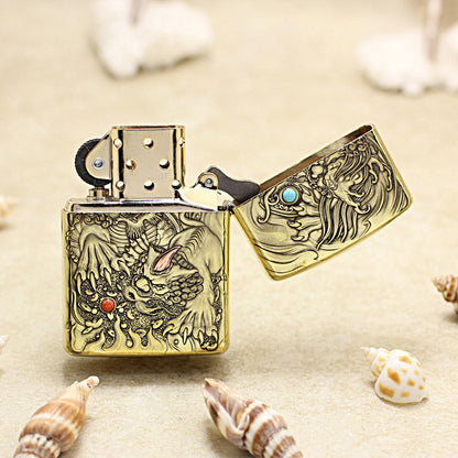 Zippo Antique Brass Full Engraved Pixiu Double Gemstone - CC112