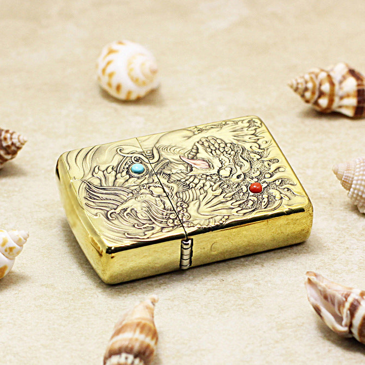 Zippo Antique Brass Full Engraved Pixiu Double Gemstone - CC112