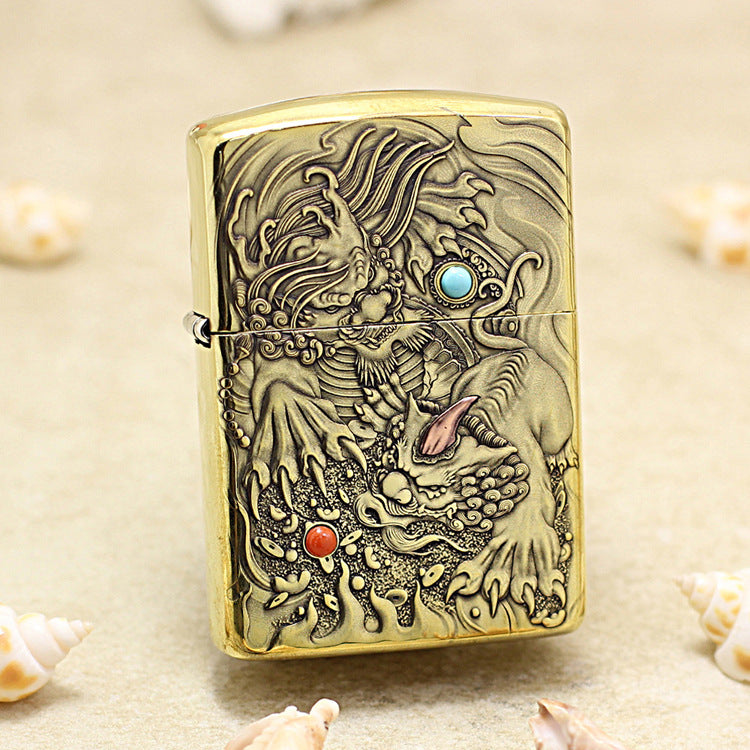 Zippo Antique Brass Full Engraved Pixiu Double Gemstone - CC112