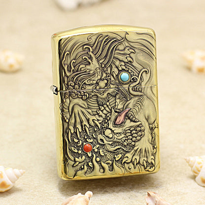 Zippo Antique Brass Full Engraved Pixiu Double Gemstone - CC112