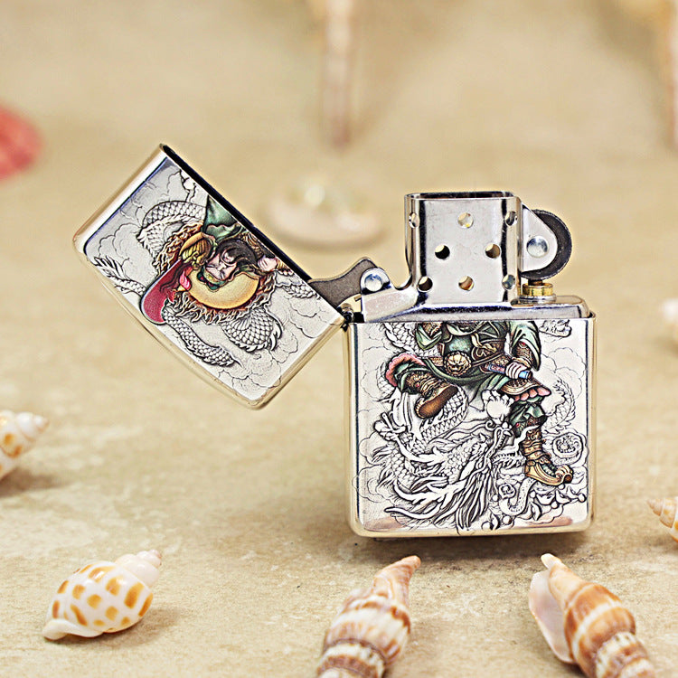 Zippo Antique Silver 'Guan Yu Riding Dragon' Multi-Media Carving - DS116