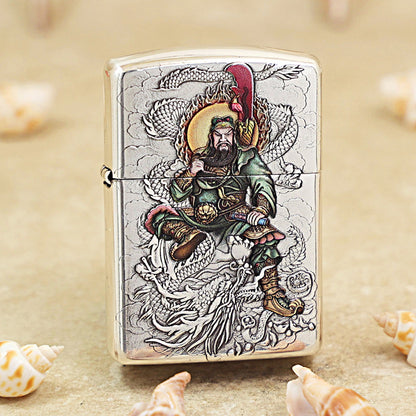 Zippo Antique Silver 'Guan Yu Riding Dragon' Multi-Media Carving - DS116