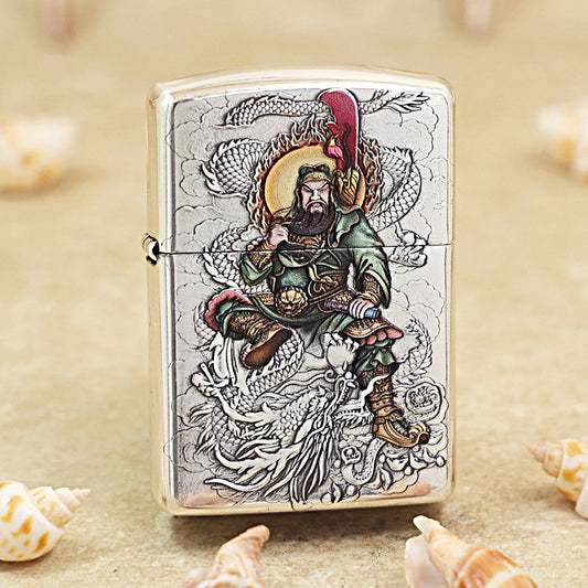 Zippo Antique Silver 'Guan Yu Riding Dragon' Multi-Media Carving - DS116