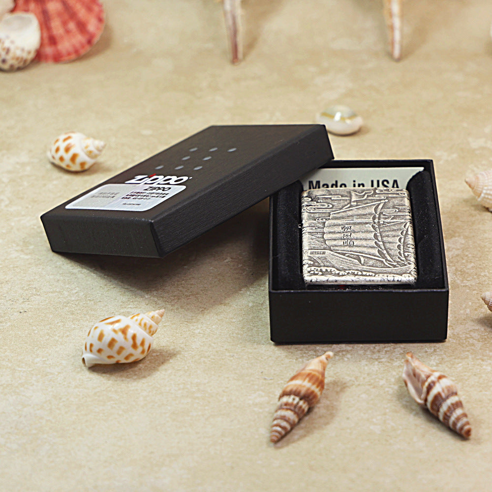 Zippo Antique Silver 'Smooth Sailing' Junk Ship Deep Carve - DS123