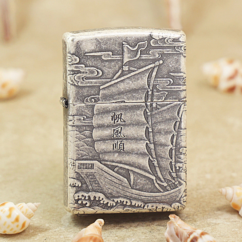 Zippo Antique Silver 'Smooth Sailing' Junk Ship Deep Carve - DS123