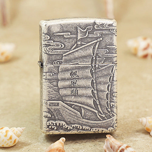 Zippo Antique Silver 'Smooth Sailing' Junk Ship Deep Carve - DS123