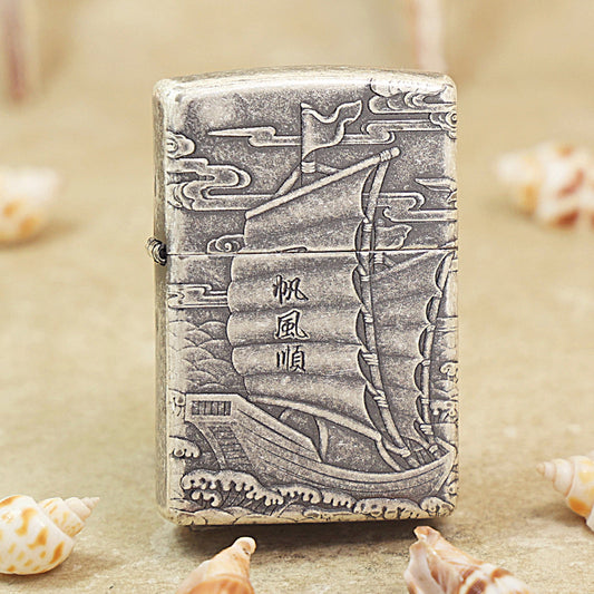 Zippo Antique Silver 'Smooth Sailing' Junk Ship Deep Carve - DS123