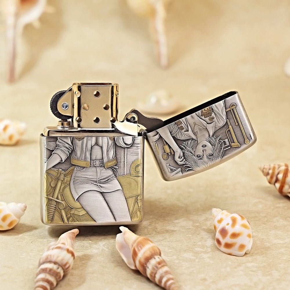 Zippo Antique Silver Two-Tone 'Motorcycle Girl' 162-DS67