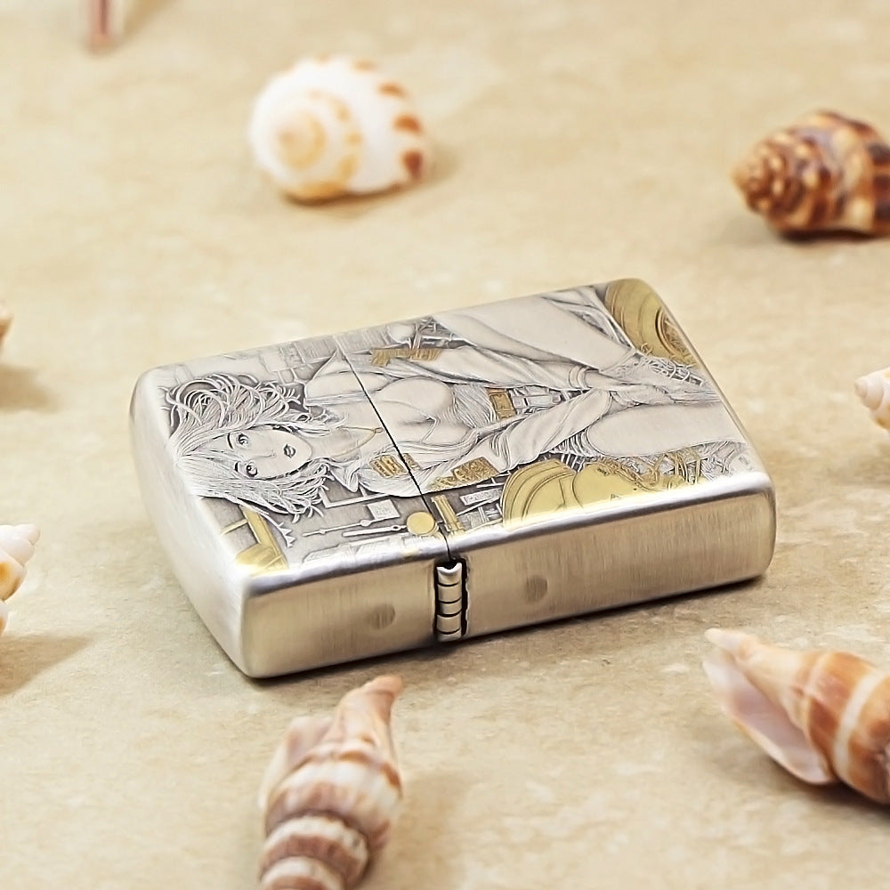 Zippo Antique Silver Two-Tone 'Motorcycle Girl' 162-DS67