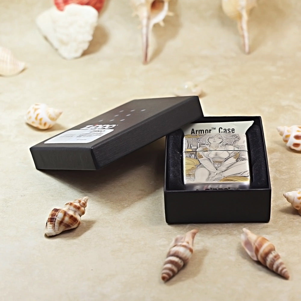 Zippo Antique Silver Two-Tone 'Motorcycle Girl' 162-DS67