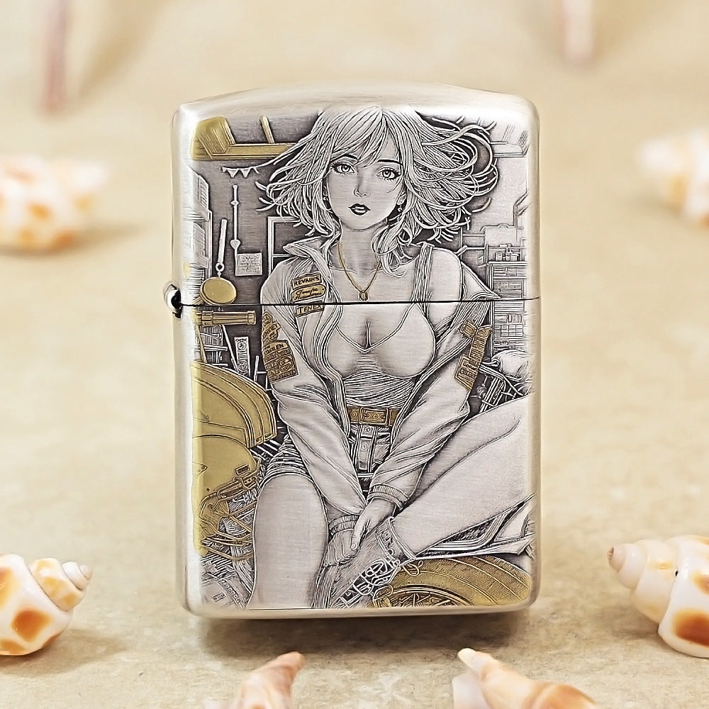 Zippo Antique Silver Two-Tone 'Motorcycle Girl' 162-DS67