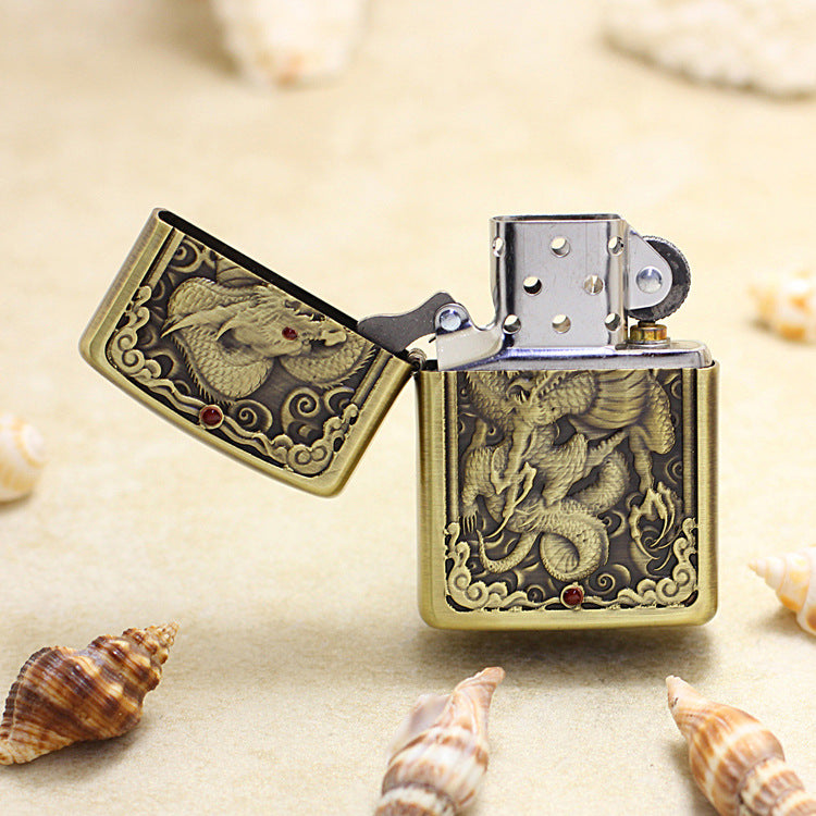 Zippo Armor Antique Brass Deep Carved Double Dragon Relief - CC126