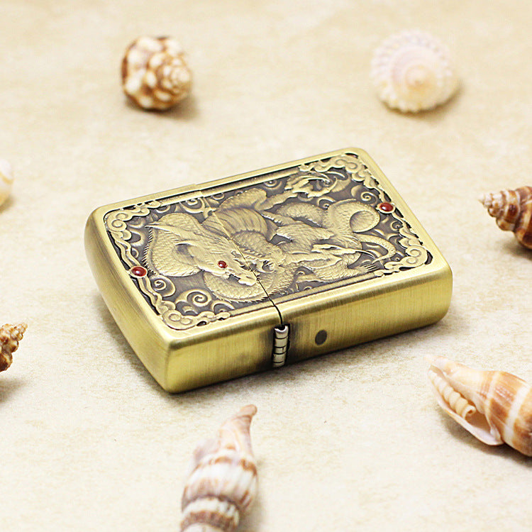 Zippo Armor Antique Brass Deep Carved Double Dragon Relief - CC126