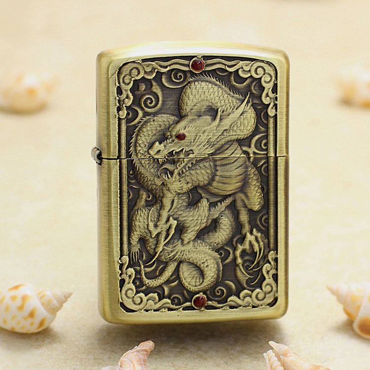 Zippo Armor Antique Brass Deep Carved Double Dragon Relief - CC126