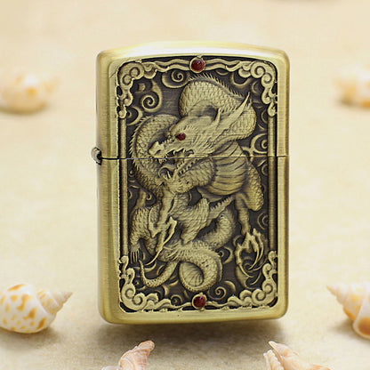 Zippo Armor Antique Brass Deep Carved Double Dragon Relief - CC126