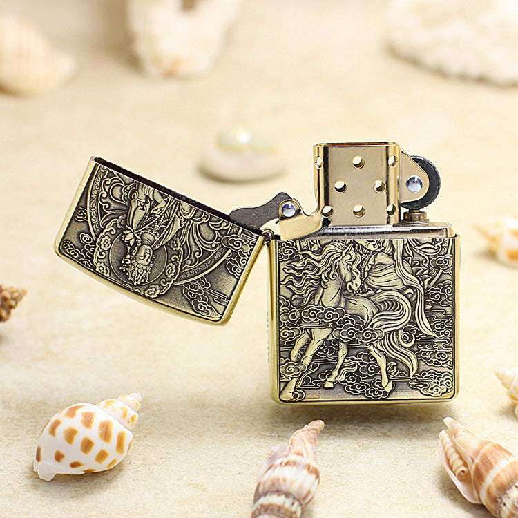 Zippo Armor Antique Brass Deep Carved Guardian Buddha Riding Horse - CC138