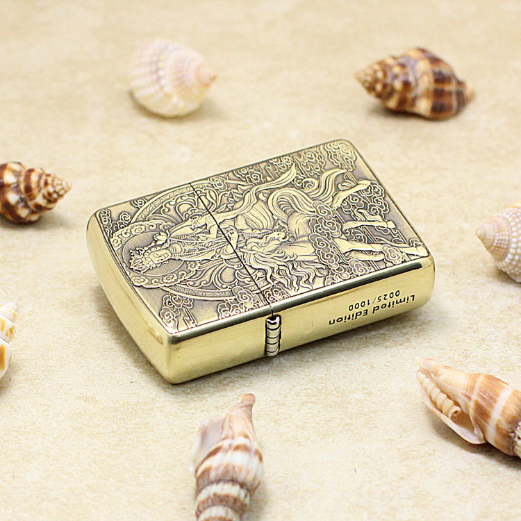 Zippo Armor Antique Brass Deep Carved Guardian Buddha Riding Horse - CC138