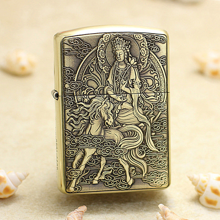 Zippo Armor Antique Brass Deep Carved Guardian Buddha Riding Horse - CC138