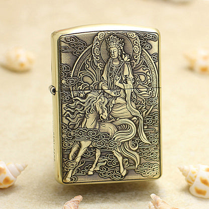 Zippo Armor Antique Brass Deep Carved Guardian Buddha Riding Horse - CC138