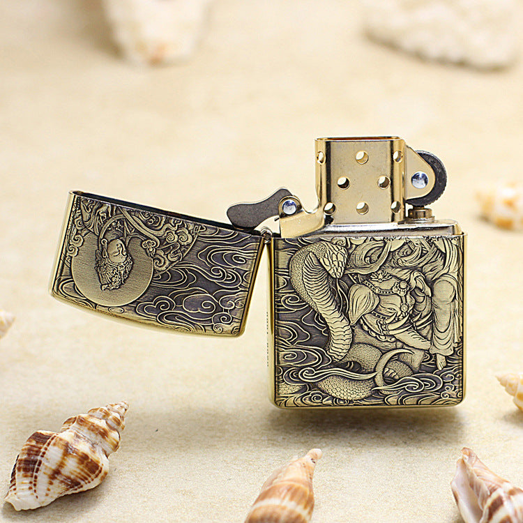 Zippo Armor Antique Brass Deep Carved Guardian Buddha and Cobra - CC130