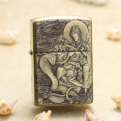 Zippo Armor Antique Brass Deep Carved Guardian Buddha and Cobra - CC130