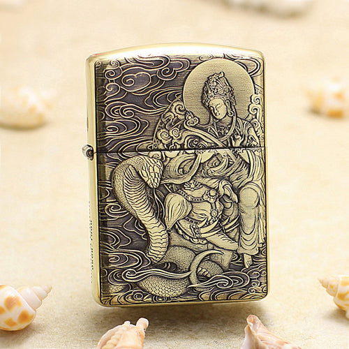 Zippo Armor Antique Brass Deep Carved Guardian Buddha and Cobra - CC130