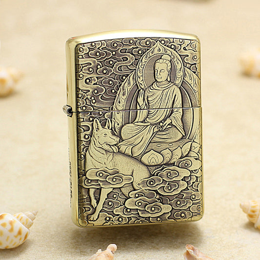 Zippo Armor Antique Brass Deep Carved Guardian Buddha and Dog - CC133