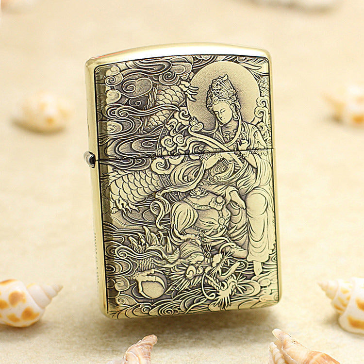 Zippo Armor Antique Brass Deep Carved Guardian Buddha and Dragon - CC137