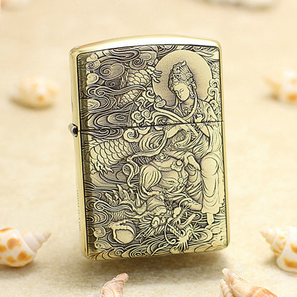 Zippo Armor Antique Brass Deep Carved Guardian Buddha and Dragon - CC137