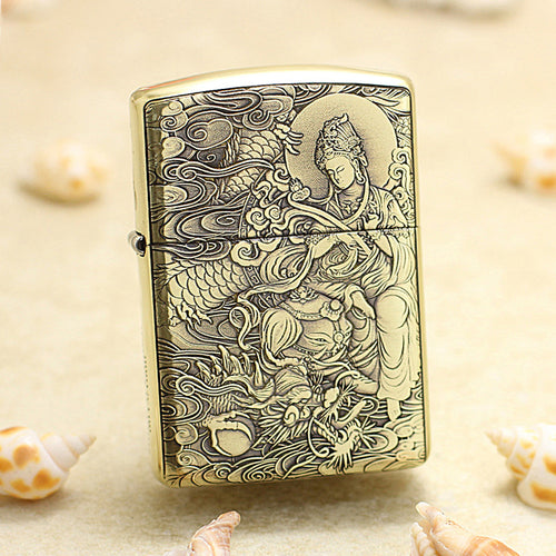Zippo Armor Antique Brass Deep Carved Guardian Buddha and Dragon - CC137