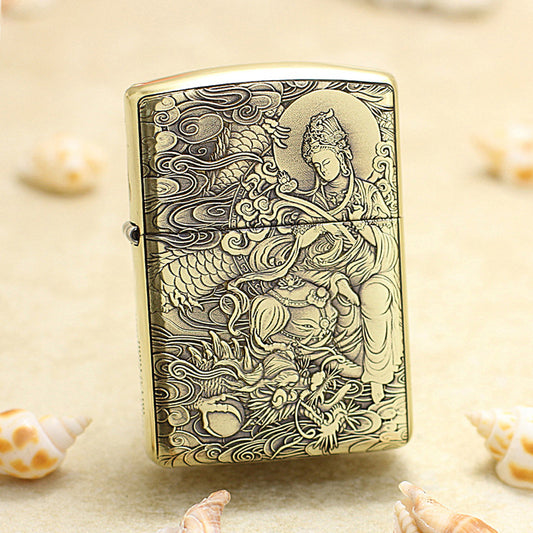 Zippo Armor Antique Brass Deep Carved Guardian Buddha and Dragon - CC137