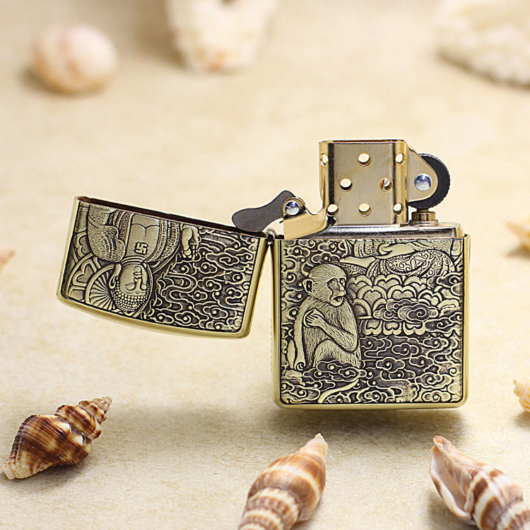 Zippo Armor Antique Brass Deep Carved Guardian Buddha and Monkey - CC116