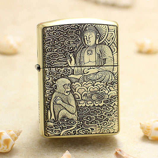 Zippo Armor Antique Brass Deep Carved Guardian Buddha and Monkey - CC116