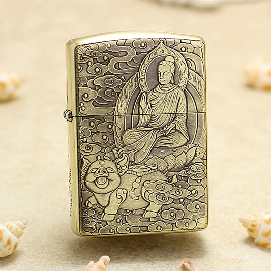 Zippo Armor Antique Brass Deep Carved Guardian Buddha and Pig - CC132