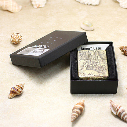 Zippo Armor Antique Brass Deep Carved Guardian Buddha and Rabbit - CC136