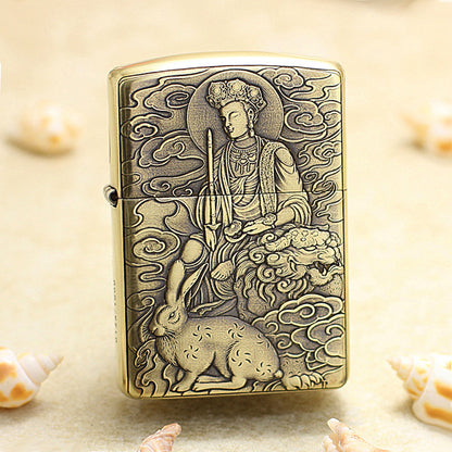 Zippo Armor Antique Brass Deep Carved Guardian Buddha and Rabbit - CC136