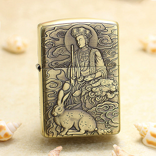 Zippo Armor Antique Brass Deep Carved Guardian Buddha and Rabbit - CC136