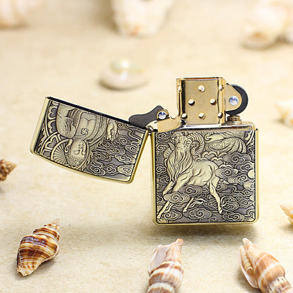 Zippo Armor Antique Brass Deep Carved Guardian Buddha and Ram - CC140
