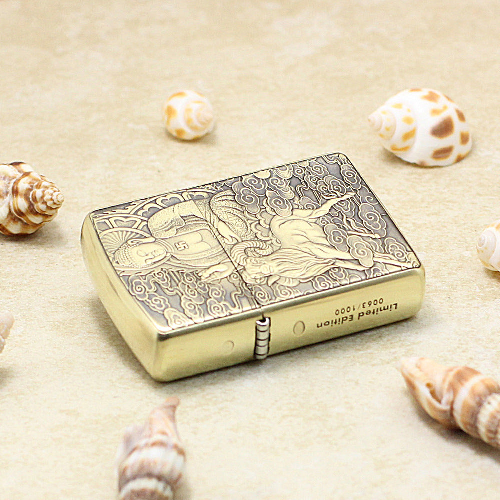 Zippo Armor Antique Brass Deep Carved Guardian Buddha and Ram - CC140
