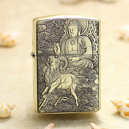 Zippo Armor Antique Brass Deep Carved Guardian Buddha and Ram - CC140