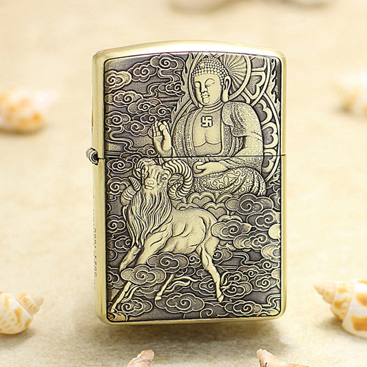 Zippo Armor Antique Brass Deep Carved Guardian Buddha and Ram - CC140